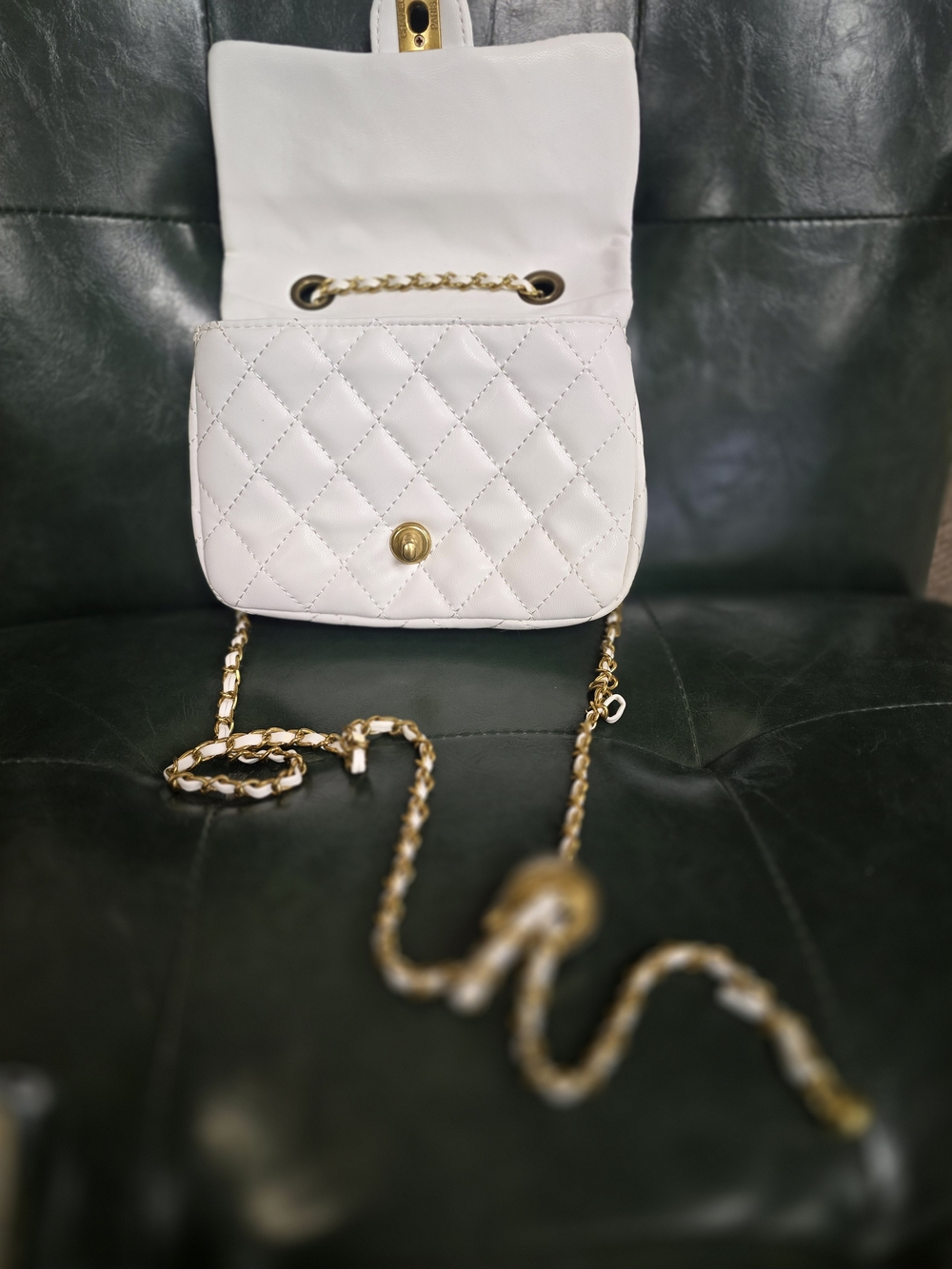 White Quilted Crossbody Bag with Gold Chain
